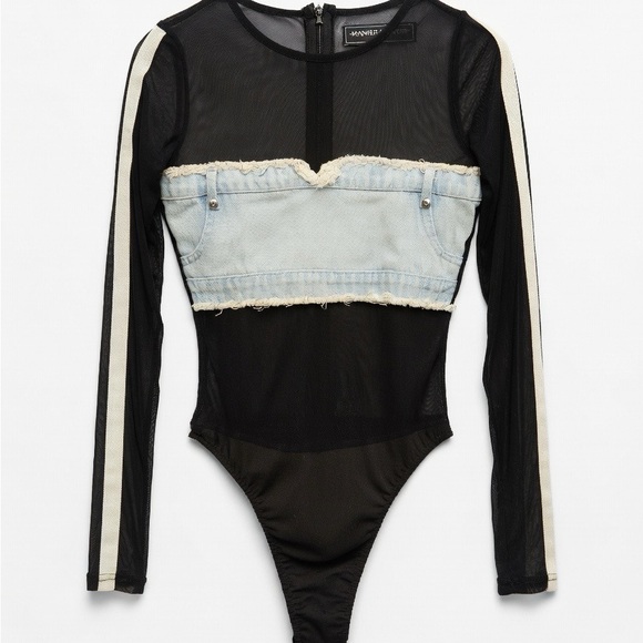 Manière De Voir Black Sheer Mesh Top with Denim Bandeau Panel- Size Small - Picture 2 of 4